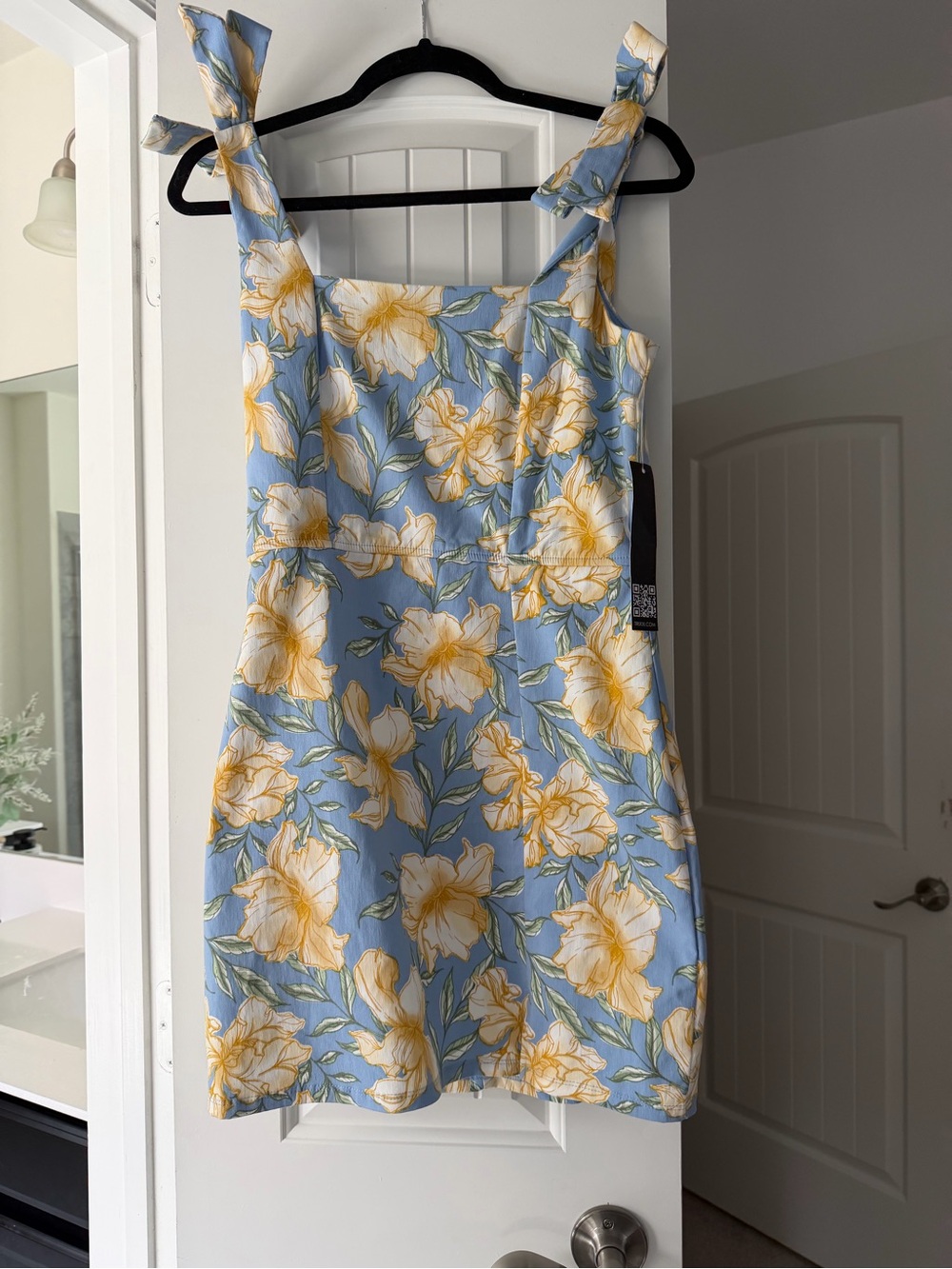 Blue Floral Tie-Strap Sundress with Yellow Bloom Print